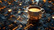 © azi - Cup of coffee sits on a bright circuit board, perfect for tech, and innovation