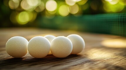 Five white ping pong balls on a wooden table with a blurry green net and sunny bokeh background.
