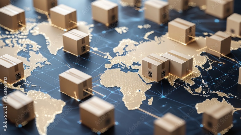 A detailed map with shipping containers highlights global trade ...