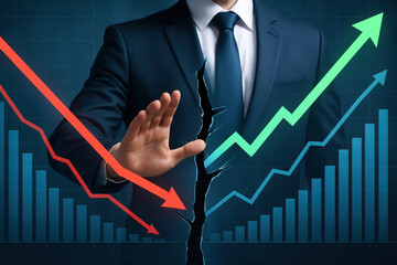 Poster - a business professional strategically intercepts a split economic graph symbolizing decision-making 