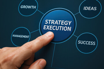 Poster - A hand pressing a touchscreen button labeled strategy execution symbolizing business decision making growth and efficient management ideas