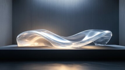 Fototapete - A transparent crystal podium with elegant curves, reflecting light in a dim room, against a dark background 