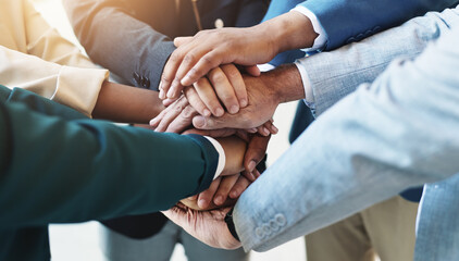 Poster - Support, team spirit and business people stack hands for cooperation, trust and goal. Group, closeup and workers huddle together for community mission, solidarity or synergy with motivation in office