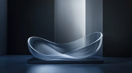 Fototapete - A transparent crystal podium with elegant curves, reflecting light in a dim room, against a dark background 