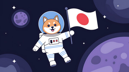 Wall Mural - Cartoon dog astronaut floats in space holding the Japanese flag with planets and stars in the background.