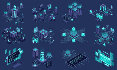 Fototapete - Set of isometric modern technology concept for cloud computing, datacenter, database, artificial intelligence, and blockchain technology. Isometric technology