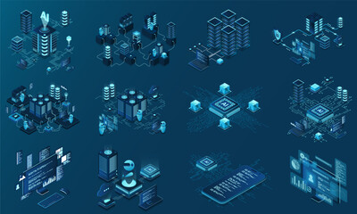 Fototapete - Set of isometric modern technology concept for cloud computing, datacenter, database, artificial intelligence, and blockchain technology. Isometric technology