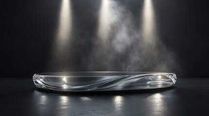 Fototapete - A transparent crystal podium with elegant curves, softly glowing under spotlights, placed against a dark gray background