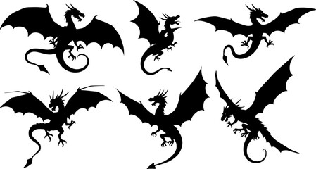  dragons silhouette set, vector on white background