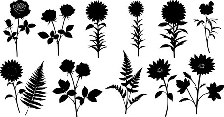 flowers, plants set silhouette isolated vector