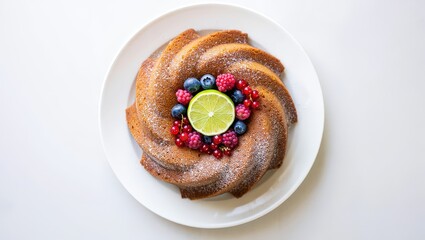 Poster - A round cake on a white plate, topped with berries, lime slices, and powdered sugar.