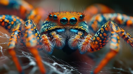 Vibrant spider displays striking colors, showcasing detailed exoskeleton and intricate web with captivating detail.