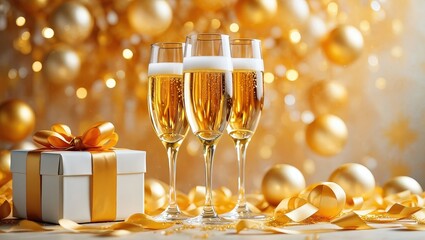Poster - Three champagne glasses filled with champagne on a table covered in gold confetti.