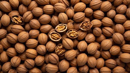 Aufkleber - A close-up view of several nuts, showing the shells open to reveal the nut inside.