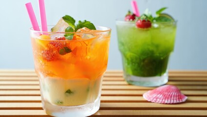 Aufkleber - Two glasses filled with colorful drinks, one with strawberry and the other with mint, sitting on a wooden table.