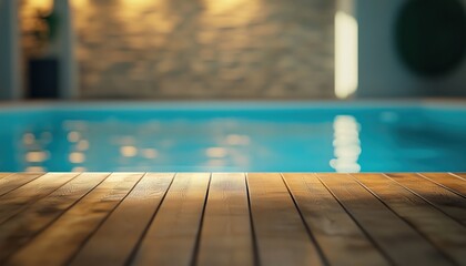 Poster - Abstract Blurred Swimming Pool Seen Through Wooden Board And Empty Table. Aesthetic Image Of Calmness And Reflection In Outdoor Setting.