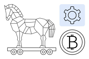 Geometric Trojan horse on wheels alongside Bitcoin symbol and gear icon. Ideal for cybersecurity, blockchain, online threats, hacking, digital risk, software development, simple landing page