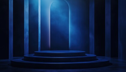 Poster - Luxurious Backdrop Stage Podium: A Dark Blue Product Platform For Empty Scene Presentations, Showcase Stands, Abstract Light Shows, And Neon Spotlight Showrooms.