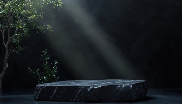 Abstract Nature Tree Branch Leaf Black Stone Pedestal Presentation Stage: Premium Platform Display With Dark Marble Showcase And Empty Space