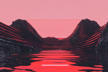 Aufkleber - surreal landscape with abstract wavy mountains and reflective water surface, all in shades of red and black, creates futuristic and mysterious atmosphere