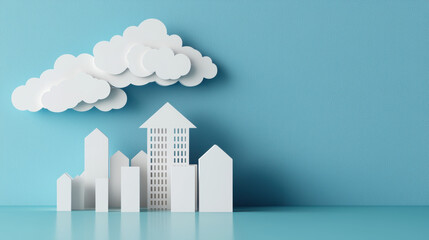 Poster - Minimalist paper buildings with cloud ecology, environment protect, Earth day, Renewable energy, recycling