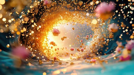 Poster - 3D render of sparkling fantasy scene with chaotic gold foil and digital fractal art design