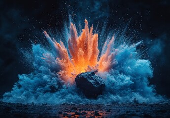 Poster - Abstract Orange and Blue Powder Explosion with Central Sphere