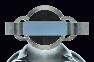 Poster - futuristic metallic frame with blank space in center is set against dark background, creating modern and abstract design. sleek lines and geometric shapes evoke sense of innovation