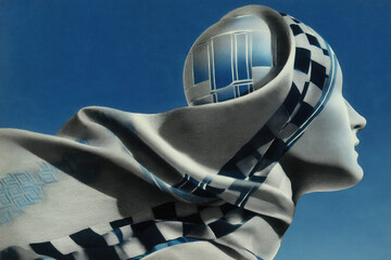 Aufkleber - futuristic sculpture of head with flowing checkered pattern scarf against clear blue sky, evoking sense of motion and modernity