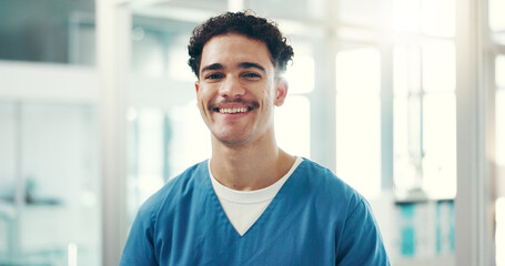 Poster - Nurse, man and portrait in hospital for healthcare, pride and confidence with medical professional. Medicine, health and male physician or surgeon with happiness for career, opportunity or about us
