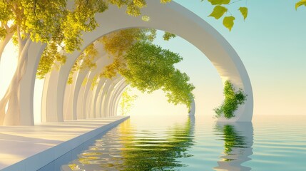Poster - Light green futuristic scene with clean glass arc and water reflections