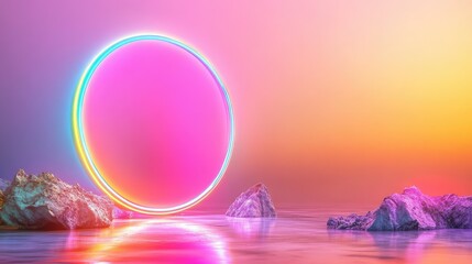 Poster - Overlapping neon elements in cool tones, 3D techno futuristic design