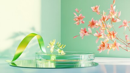 Poster - Stylized green composition with translucent ribbon and fluid mirrored base