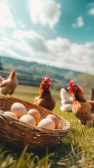 Poster - Free range chickens are surrounding a wicker basket full of fresh organic eggs laid on a sunny day on a farm in a picturesque countryside setting, promoting sustainable agriculture