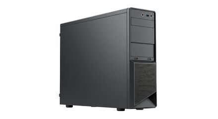 Poster - A close up shot of a black computer tower on a black background in a studio setting view from the side