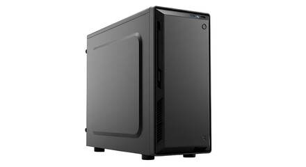 Poster - A sleek and modern black computer tower case on a black background in a studio setting view from left