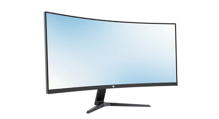Aufkleber - Isolated curved monitor displaying a light blue screen with a sleek black stand against black background