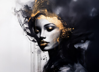 Aufkleber - Here's a description and keywords for the image, incorporating the hints about the image:

A woman's portrait, featuring black and gold elements, evokes a mysterious aura. The gold highlights her hair