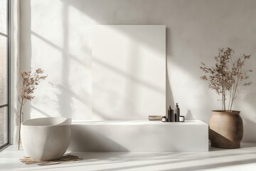 Poster - Minimalist spa setting featuring a bathtub, skincare products, dried plants, and a blank canvas, all bathed in sunlight.