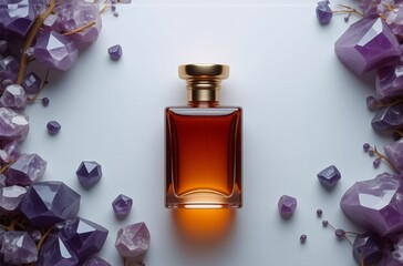 Poster - Amber perfume bottle in center, surrounded by amethyst crystals on a white background.  Luxurious and elegant fragrance.