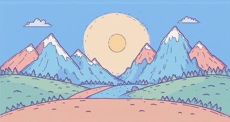 Poster - This animated scene depicts a landscape with snowy mountain peaks, a large sun, clouds, and a flowing river. The environment showcases natural beauty with a simple, colorful style.