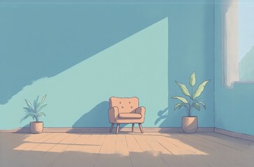 Aufkleber - Serene room, pastel blue walls, sunlight streams in, illuminating a comfy armchair and potted plants.  Perfect avatar background.