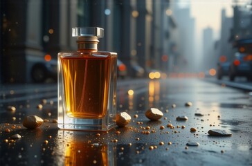 Poster - A glass perfume bottle with amber liquid sits on a rain-slicked city street, surrounded by scattered gold nuggets.  The urban backdrop is blurred, emphasizing the perfume.