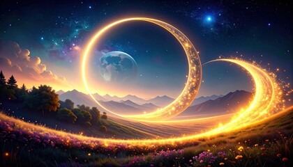 Poster - Magical celestial event enchanted landscape digital art mystical night wide angle fantasy realm
