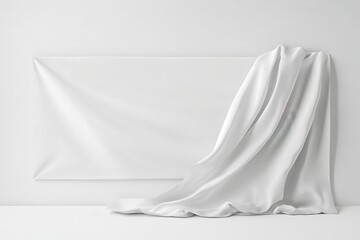Fototapete - Elegant white fabric draped over a rectangular backdrop in a minimalist, all-white setting. Smooth, flowing, serene, and pure aesthetic.