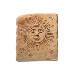 Poster - A tan stone tile with a carved sun face design featuring rays and small decorative elements around it png