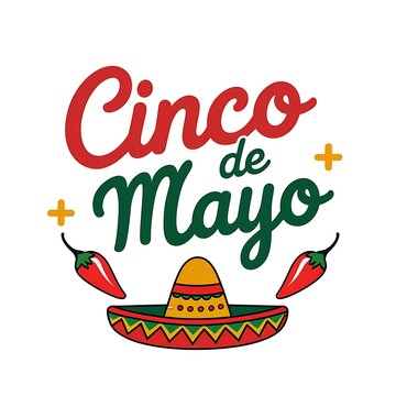 Joyful Cinco de Mayo Design: Red and Green Lettering with Sombrero and Chili Pepper Graphics