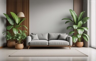 Poster - Modern living room interior with grey sofa, wooden wall accents, and large potted plants.  Minimalist design and calming atmosphere.
