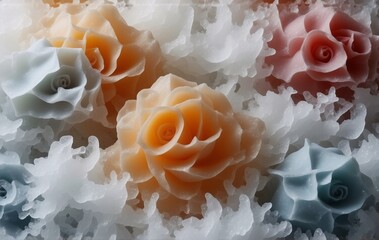 Aufkleber - Intricate pastel-colored wax roses nestled in a bed of textured, white wax.  Delicate craftsmanship showcases the beauty of floral forms in wax art.