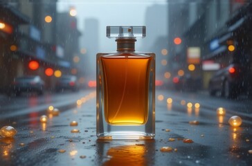 Poster - A sleek amber perfume bottle sits on a rain-slicked city street, illuminated by soft lights reflecting in puddles.  The scene evokes a feeling of mystery and urban sophistication.